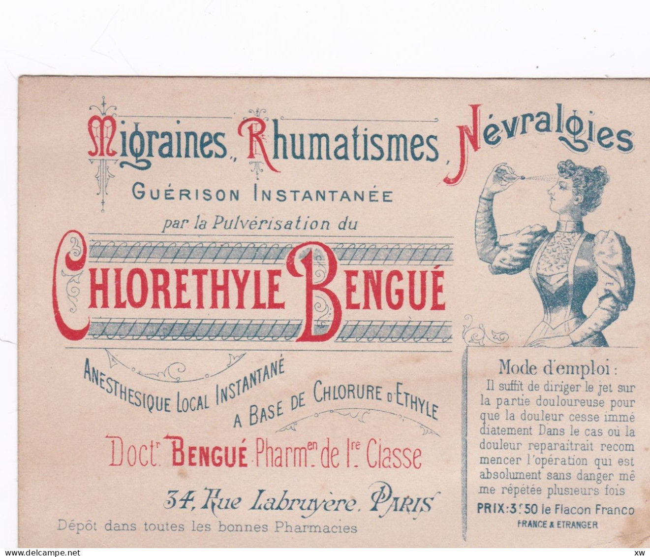 PARIS -75009- Chlorethyle Bengue - Migraines , Rhumatismes Névralgies - Docteur Bengue 34, Rue Labruyere -19-05-24 - 1900 – 1949