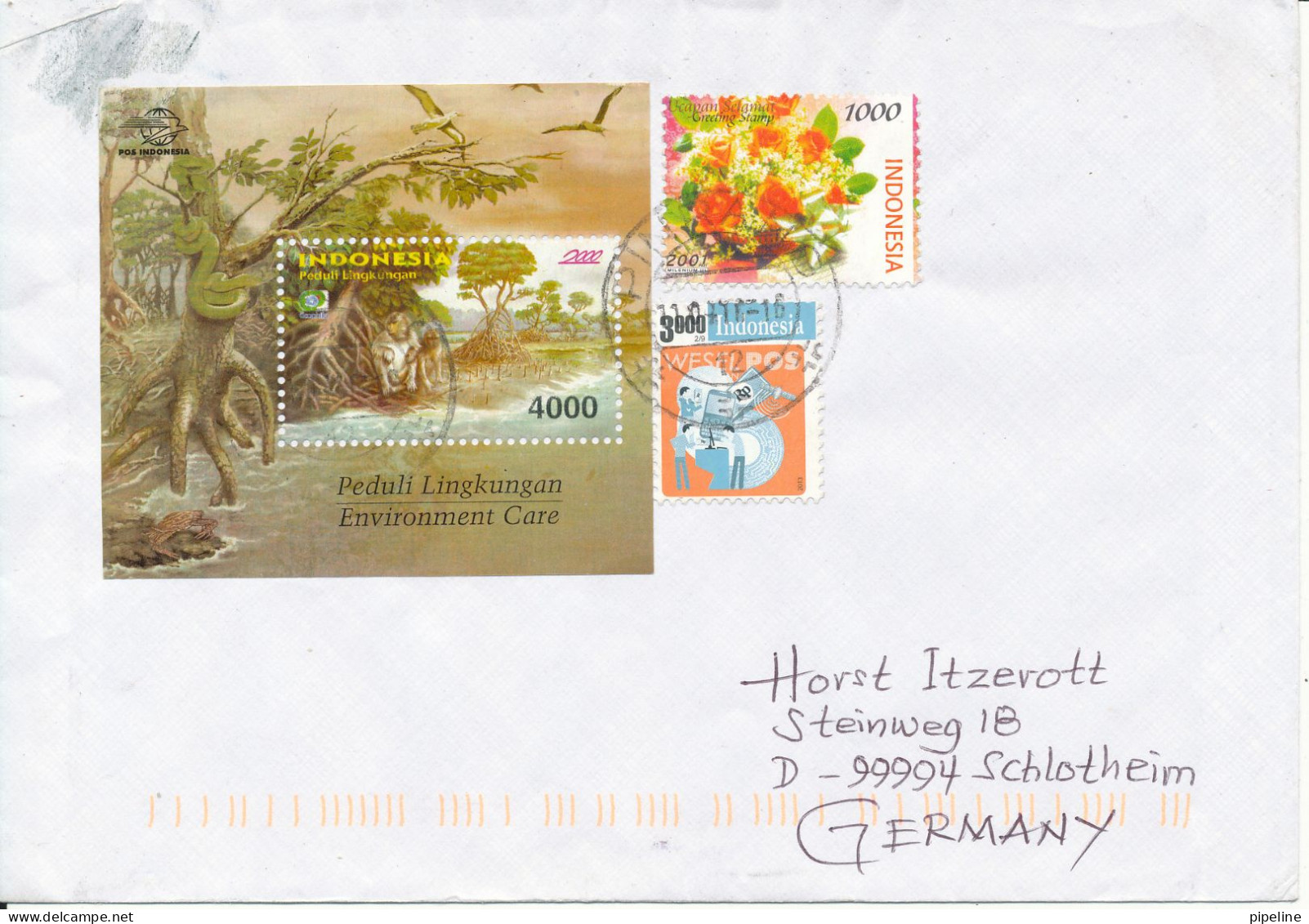 Indonesia Cover Sent To Germany Topic Stamps And A Souvenir Sheet 2000 - Indonésie