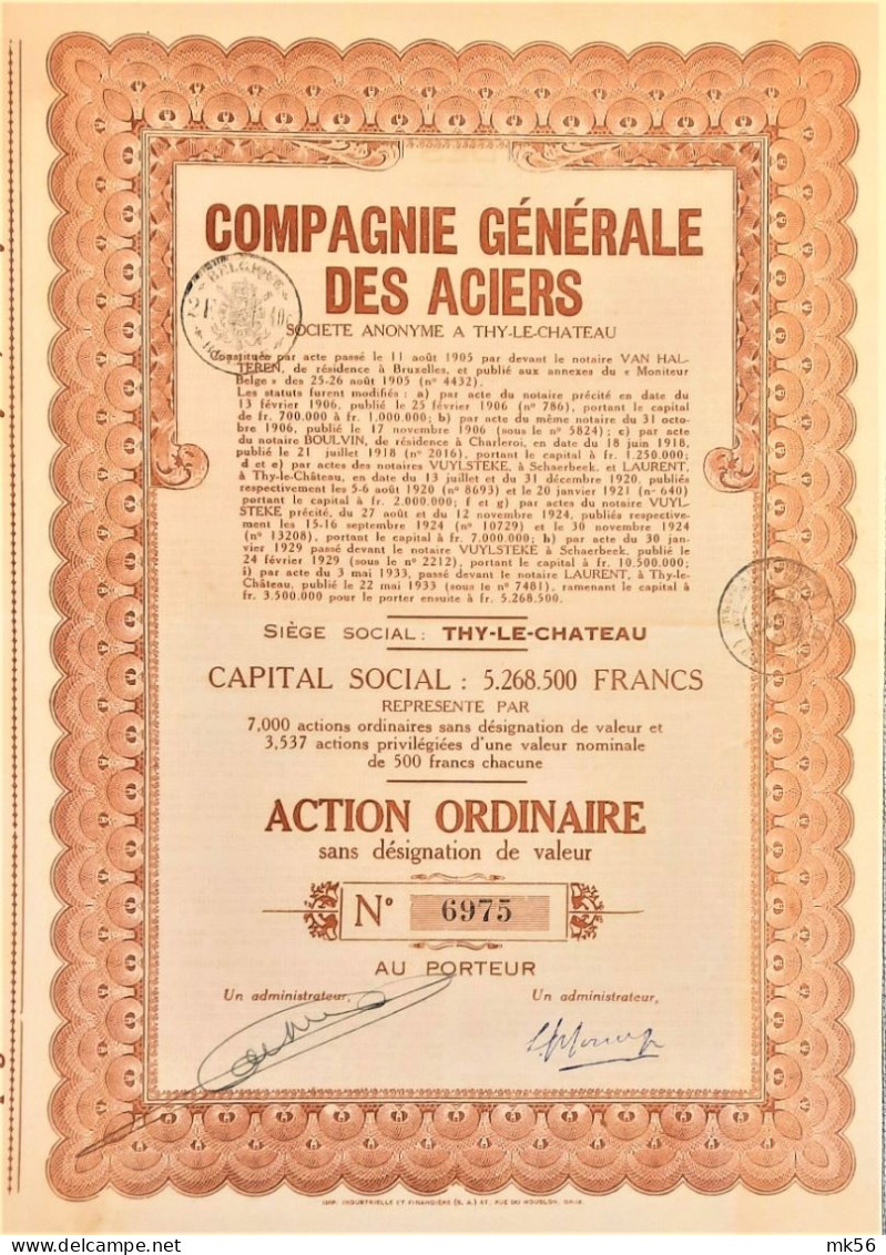 S.A. Compagnie Générale Des Aciers - Action Ordinaire (1935) - Thy-Le Chateau - Industrie