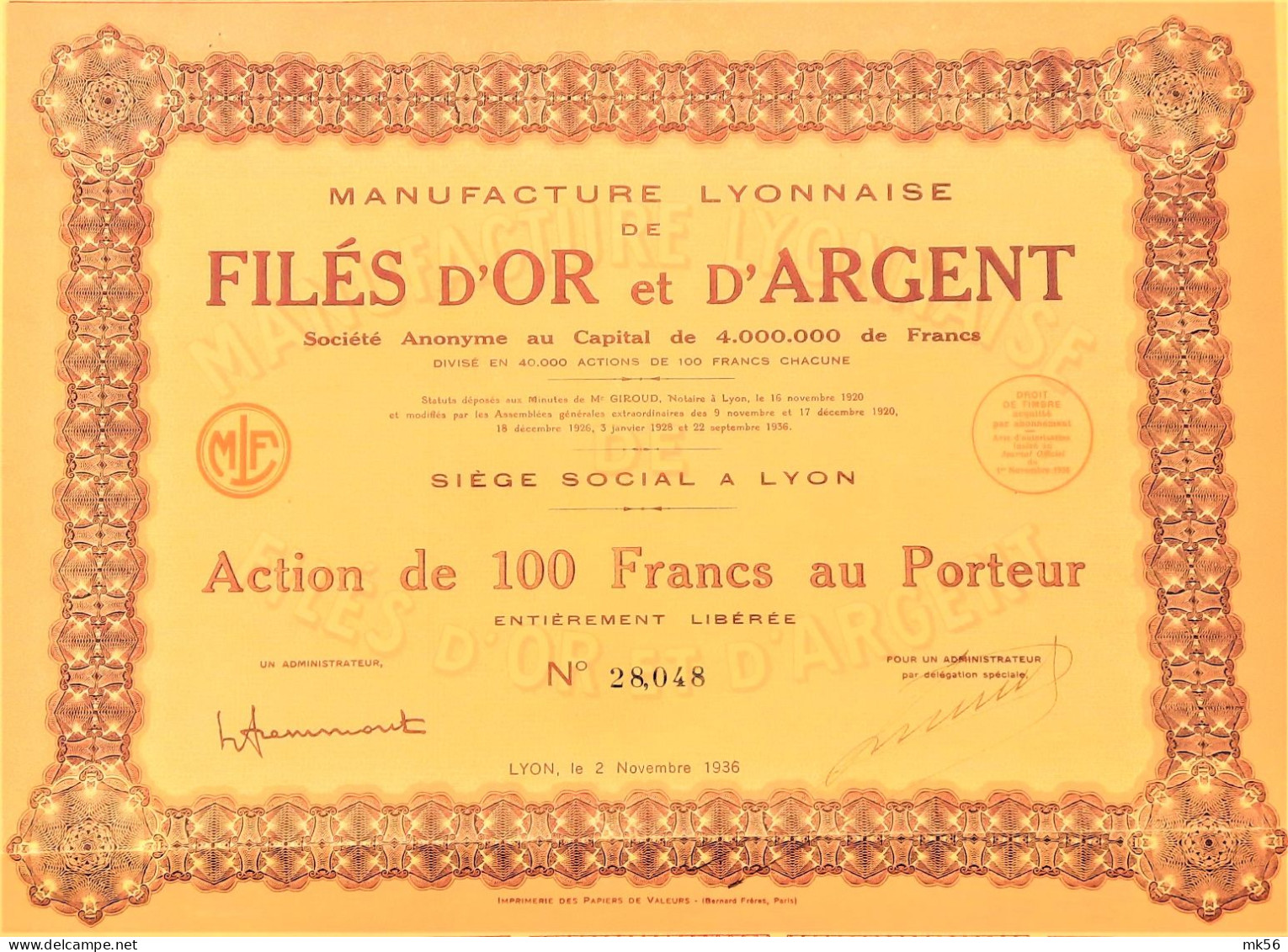 MANUFACTURE LYONNAISE DE FILES D'OR ET D'ARGENT - ACTION DE 100 FRS -1936 - Miniere