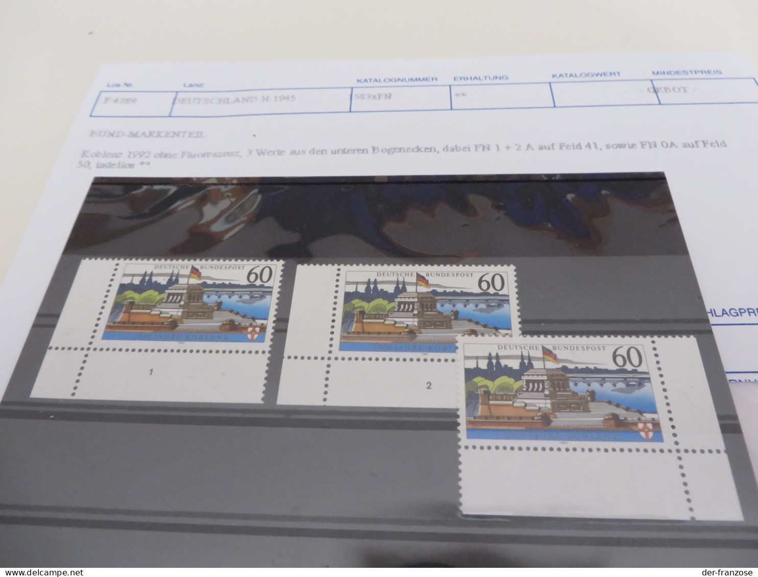 BUND 1992 ** / MARKEN Ohne Fluoreszenz.,3 WERTE BOGENECKEN FN 1 +2 A AUF FELD 41 FN 0A Auf 1-6 F 50 - Unused Stamps