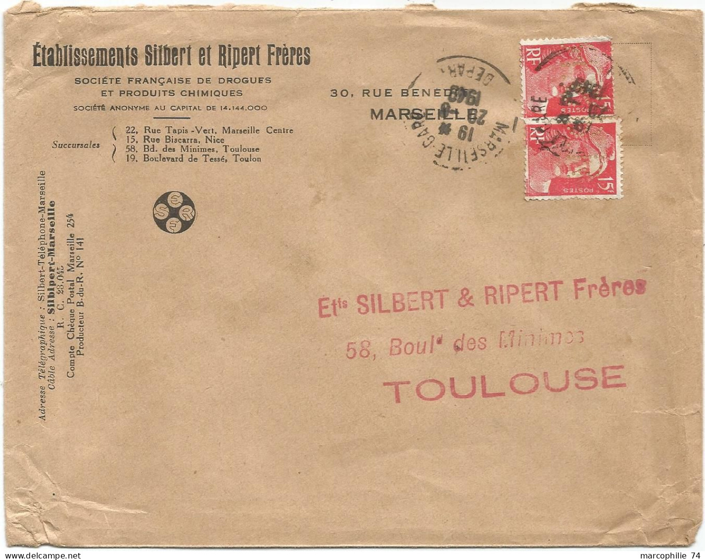 GANDON 15FR ROUGEX2 PERFORE S.R. LETTRE SILBERT ET RIPERT MARSEILLE GARE 1949 TARIF 3EME - 1945-54 Marianne (Gandon)