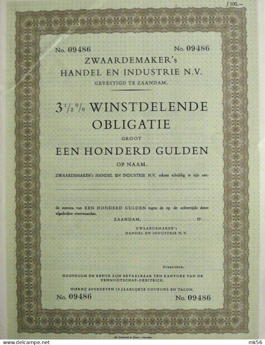 Zwaardemaker's H. En Ind. NV - 3% Winstd.obligatie-100 Fl (1962) Zaandam - Unissued - Banque & Assurance