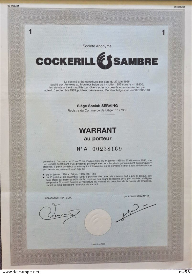 S.A. Cockerill Sambre - Warrant- Seraing -1989 - Industry