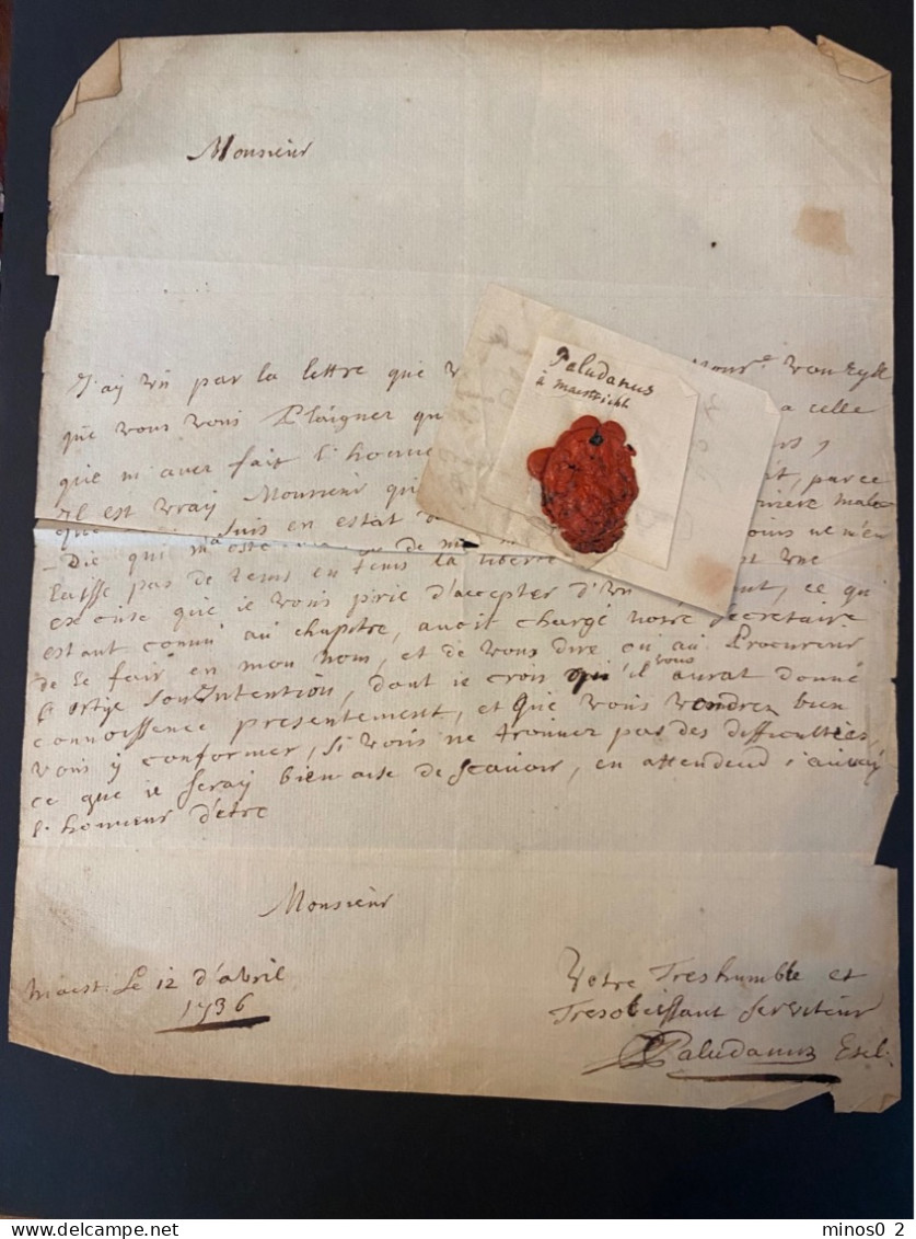 Paludanus Maastricht Nederland Brief Uit 1736 + Zegel 1737  Cachet En Cire Lettre Silographie - Autres & Non Classés