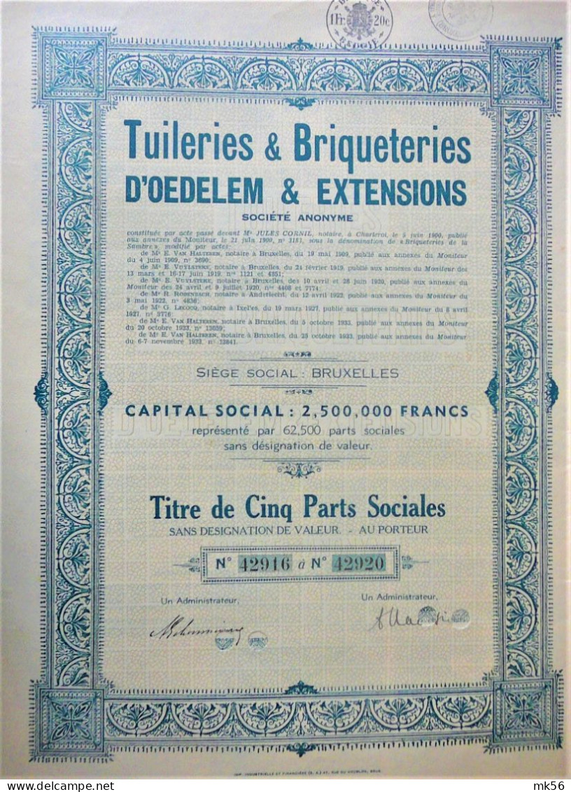 S.A. Tuileries & Briqueteries D'Oedelem & Extensions - Titre De 5 Parts Sociales - Industrie