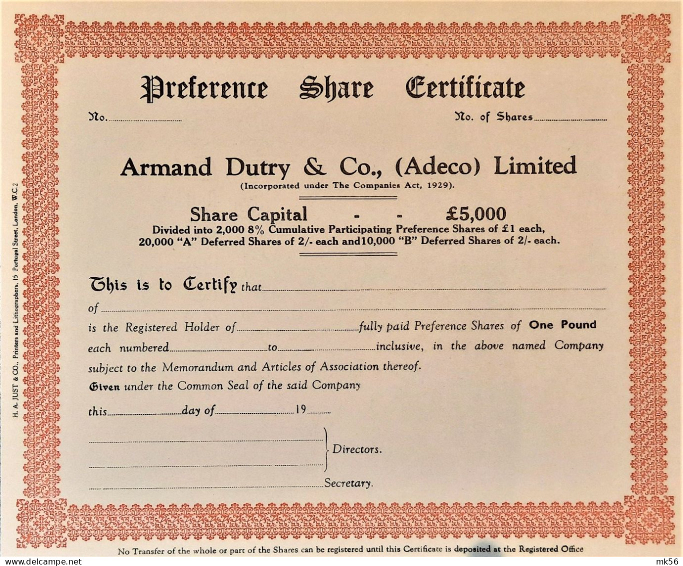 Preference Share Certificate (unissued) - Armand Dutry & Co (Adeco) - Industry