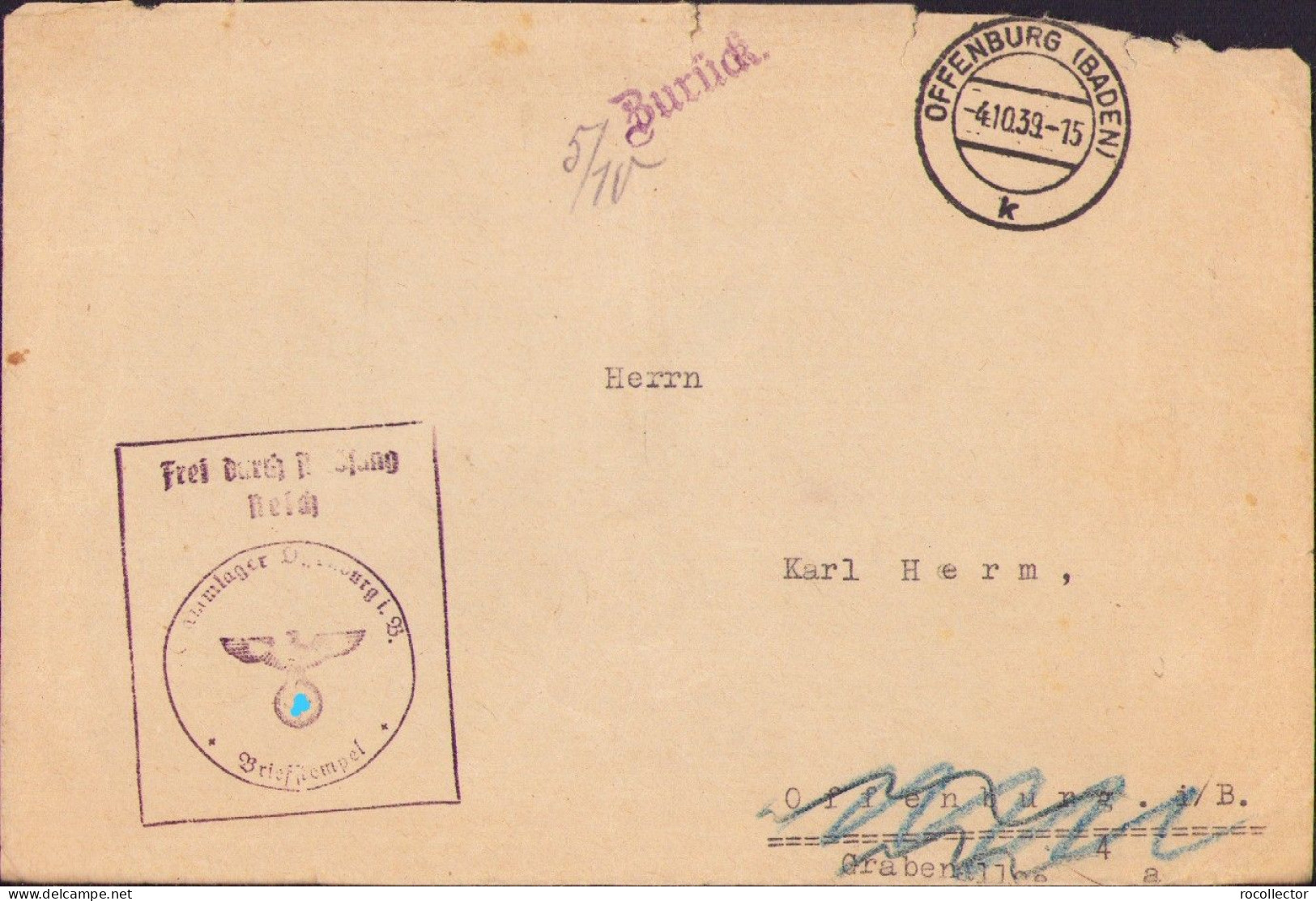 Envelope With Stammlager Offenburg I B Stamp, 1939 A2501N - Collezioni