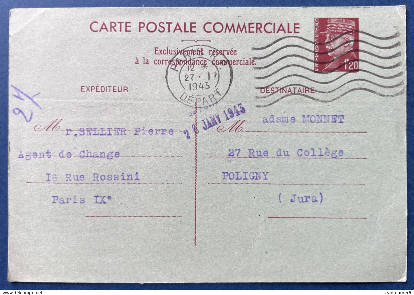 ENTIER CARTE POSTALE COMMERCIALE Pétain 1FR20 Brun Sur Bleu Oblitéré Paris Départ Pour POLIGNY TTB - Cartes Postales Types Et TSC (avant 1995)