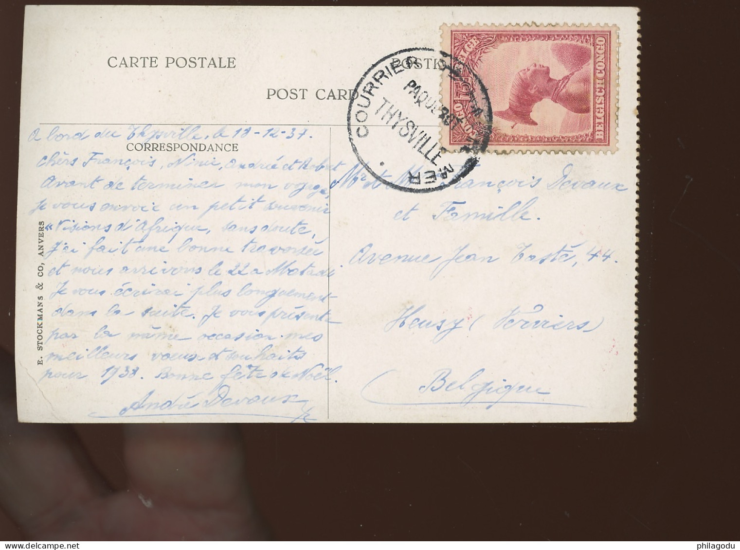 CP Avec Ø Paquebot. THYSVILLE.  1937 - Lettres & Documents