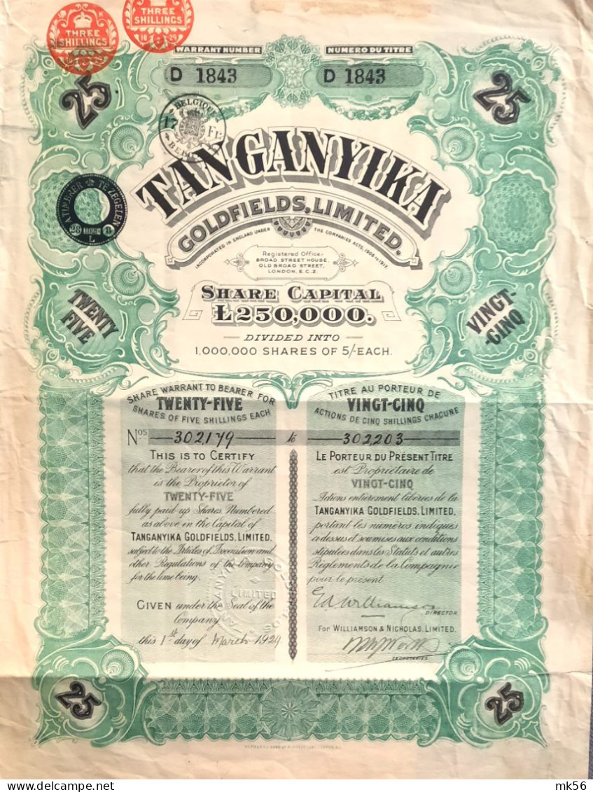 Tanganyika,  Goldfields Ltd - 25 Shares - 1929 - Mijnen