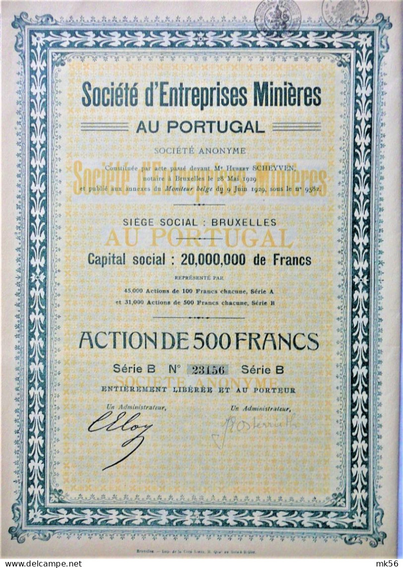 S.A. Société D'Entrep. Minières Au Portugal - Act.de500 Fr (1929) - Mines