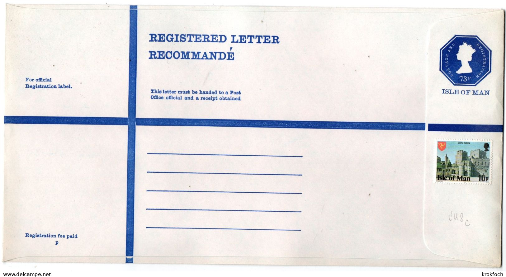 Man - Registered King Size Envelope - 73 P - Stationery Entier - 29 X 15 Cm - Man (Ile De)