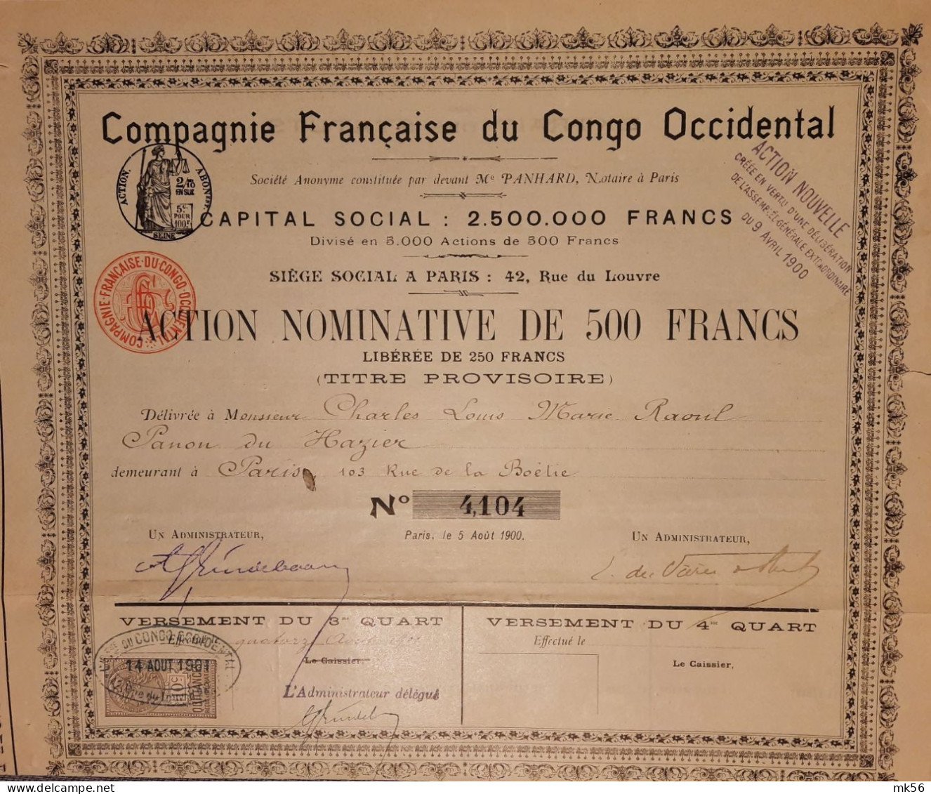 Compagnie Française Du Congo Occidental - Action Nominative Au Nom De Charles Louis Marie Raoul Panon Du Hazier  (1901) - Afrique