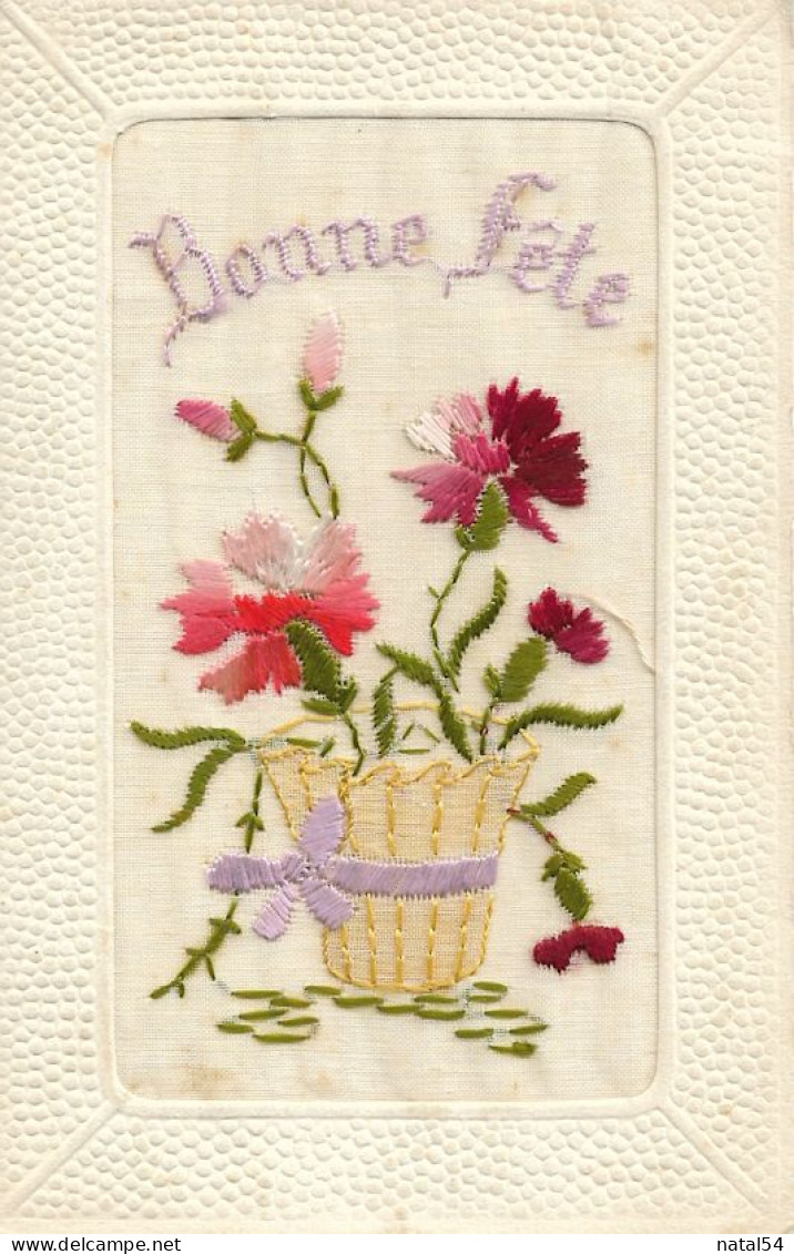 CPA Brodée Sur Tulle '' Bonne Fête" - Carte écrite - Brodées