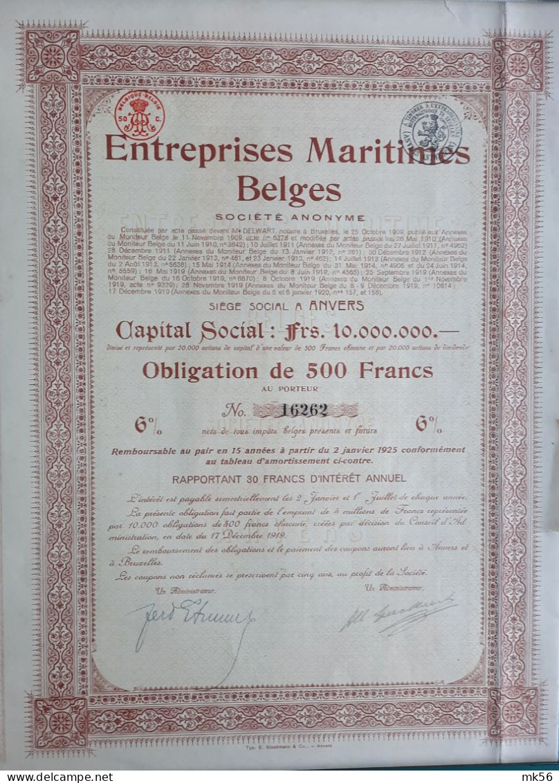 Entreprises Maritimes Belges - Anvers - Obligation De 500 Francs - 1920 - Schiffahrt