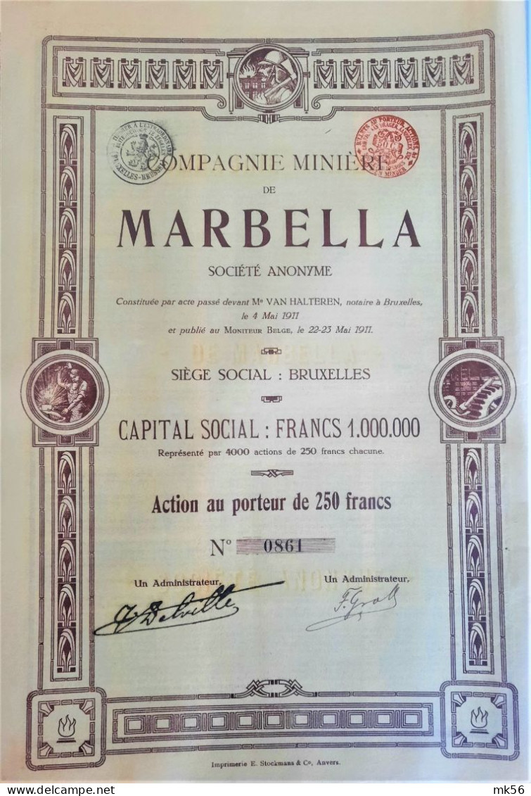 Compagnie Minière De Marbella (1911)  Action Au Porteur De 250 Fr - Mines