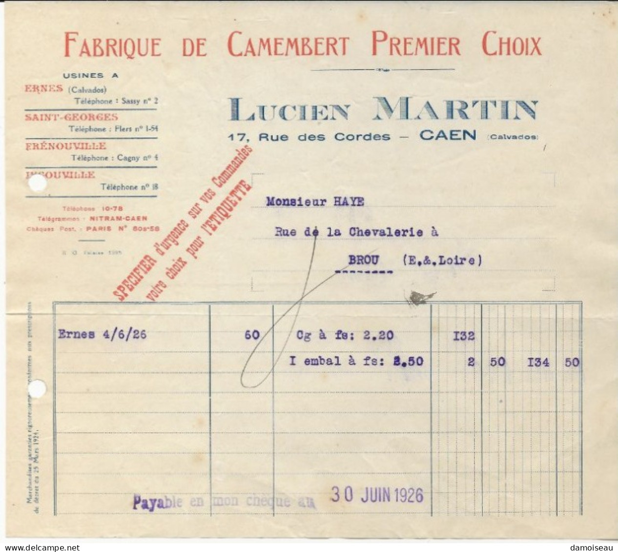 Caen, Lucien Martin, Facture, Fabrique De Camembert Premier Choix, 1926. - 1900 – 1949