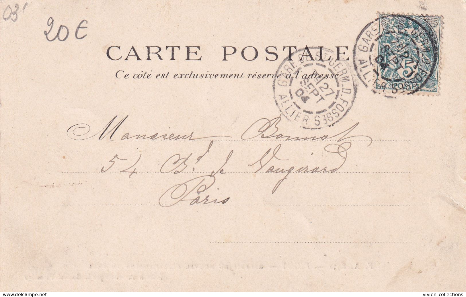 Cachet De La Gare De Saint Germain Des Fosses En 1904 Sur Carte De Vichy Pour Paris - Poste Ferroviaire