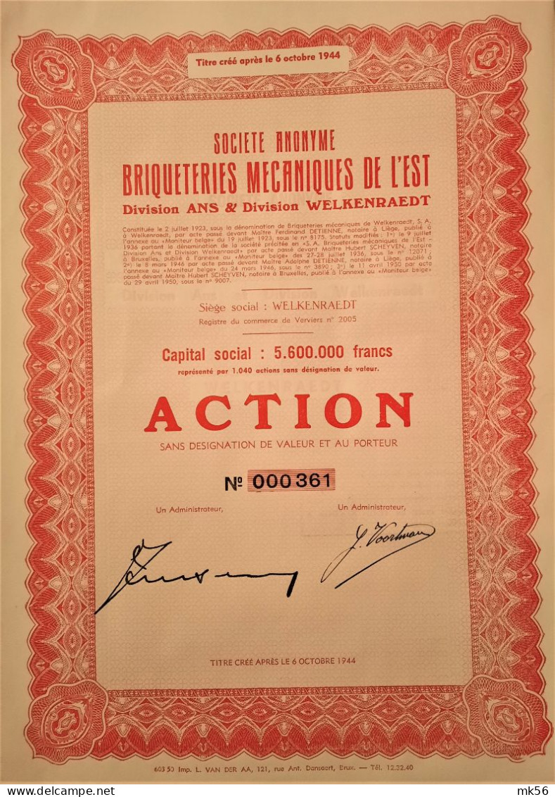 2 Actions Briquetteries : Briqueteries Mecaniques De L'Est  - Ans & Welkenraedt - 1950 Et Briquett.Landuyt - Terhagen - Industry