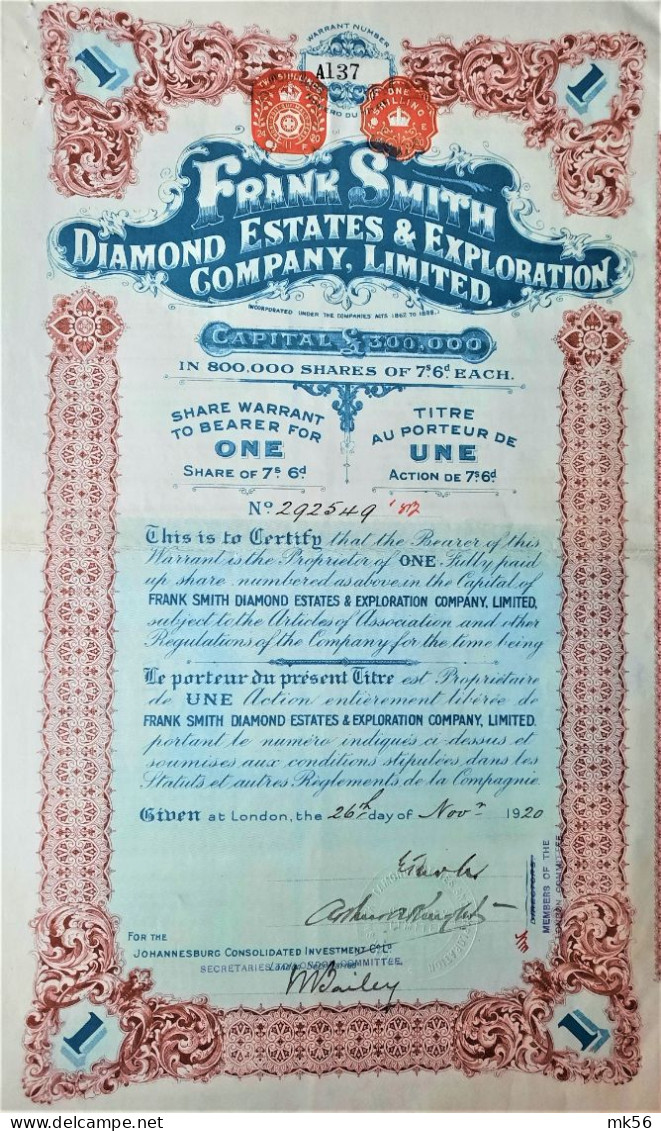 Frank Smith Diamond Estates & Exploration Company, Ltd, - London - 1926 - Share Warrant To Bearer For  1 Share - Mines