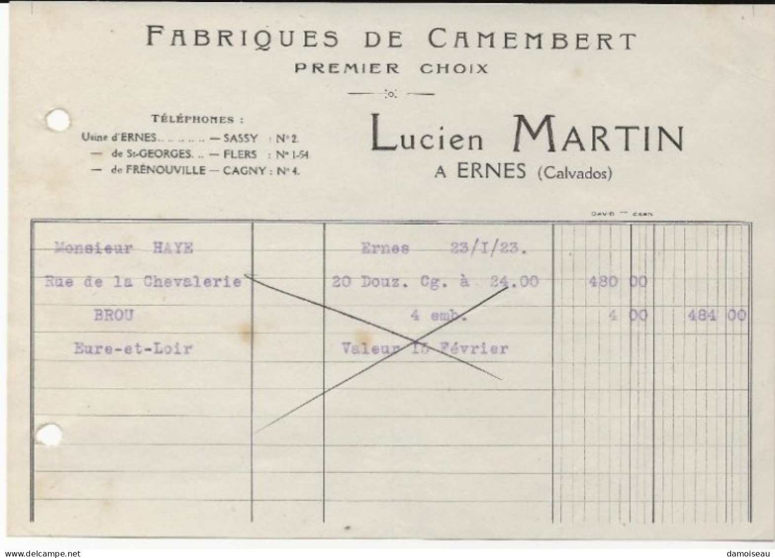 Ernes, Lucien Martin, Facture, Fabrique De Camembert Premier Choix, 1923. - 1900 – 1949