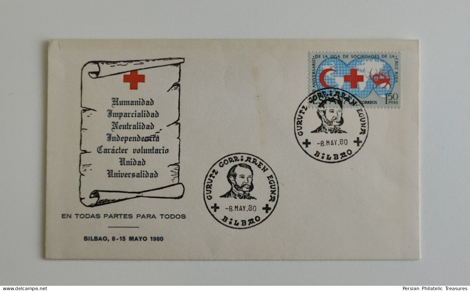 Red Cross, Persia Red Lion And Sun (Iran) , Red Crescent, Spain, Bilbao, FDC, 1980 - Autres & Non Classés