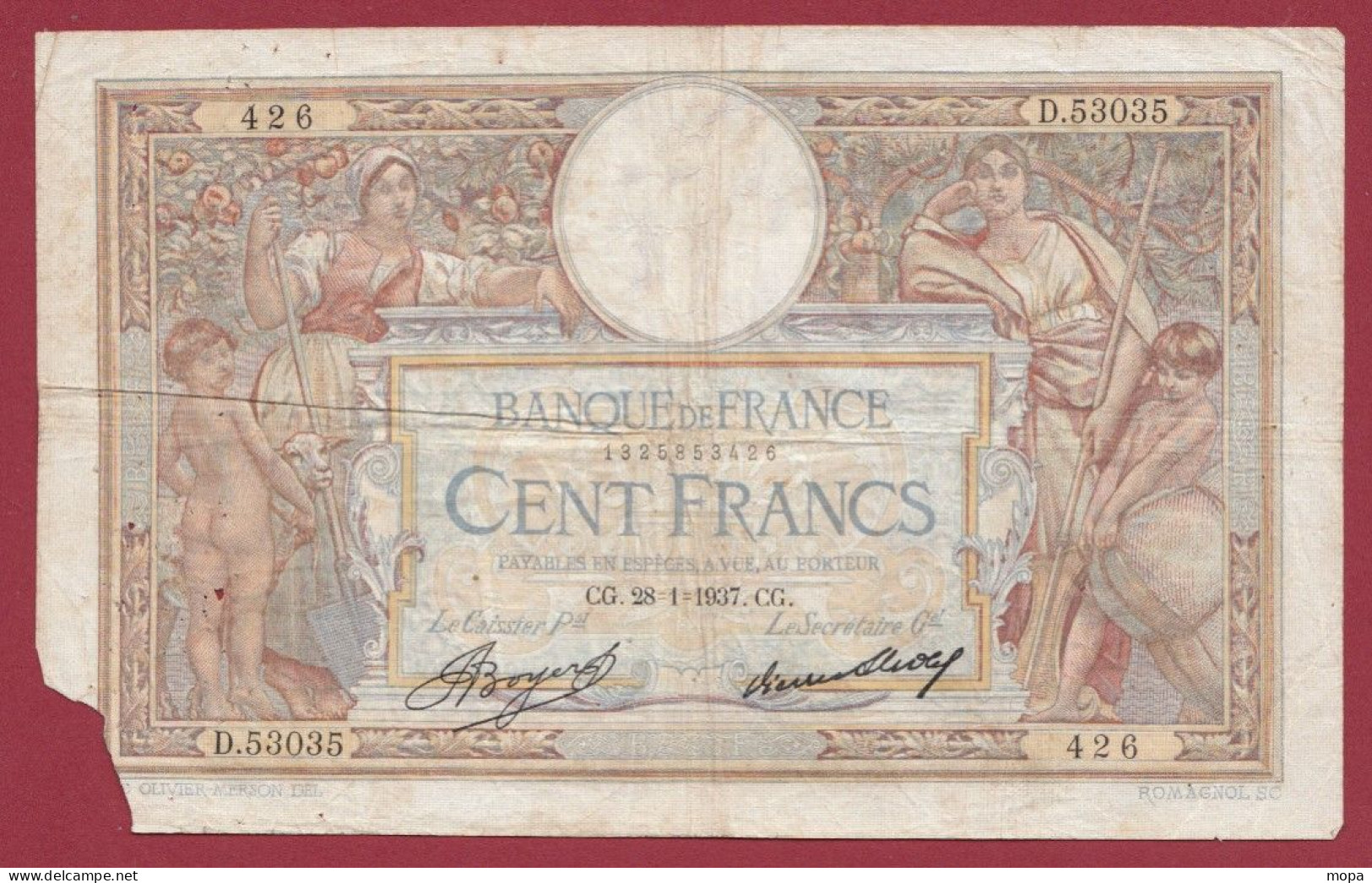 100 Francs "Luc Olivier Merson" Du 28/01/1937.CG --Alph .D.53035 Dans L 'état (1) - 100 F 1908-1939 ''Luc Olivier Merson''