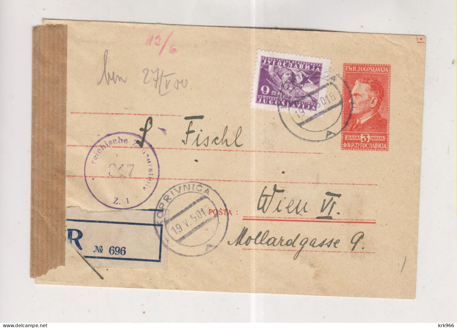YUGOSLAVIA,1950 KOPRIVNICA Registered Censored Postal Stationery Cover To Austria - Covers & Documents