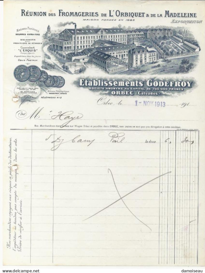 Orbec, , Facture, Etablissements Godefroy, Réunion Des Fromageries De L'Orbiquet & De La Madeleine, 1913. - 1900 – 1949