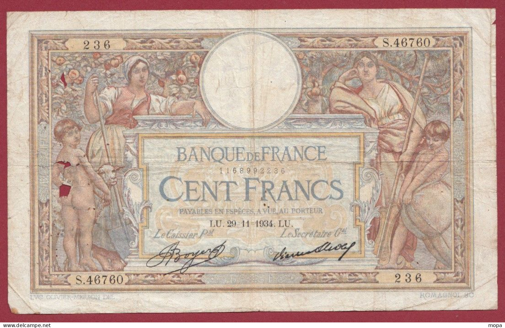 100 Francs "Luc Olivier Merson" Du 29/11/1934.LU --Alph .S.46760 Dans L 'état (3) - 100 F 1908-1939 ''Luc Olivier Merson''
