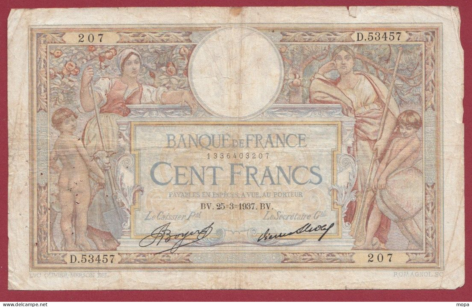100 Francs "Luc Olivier Merson" Du 25/03/1937.BV --Alph .D.53457 Dans L 'état (4) - 100 F 1908-1939 ''Luc Olivier Merson''