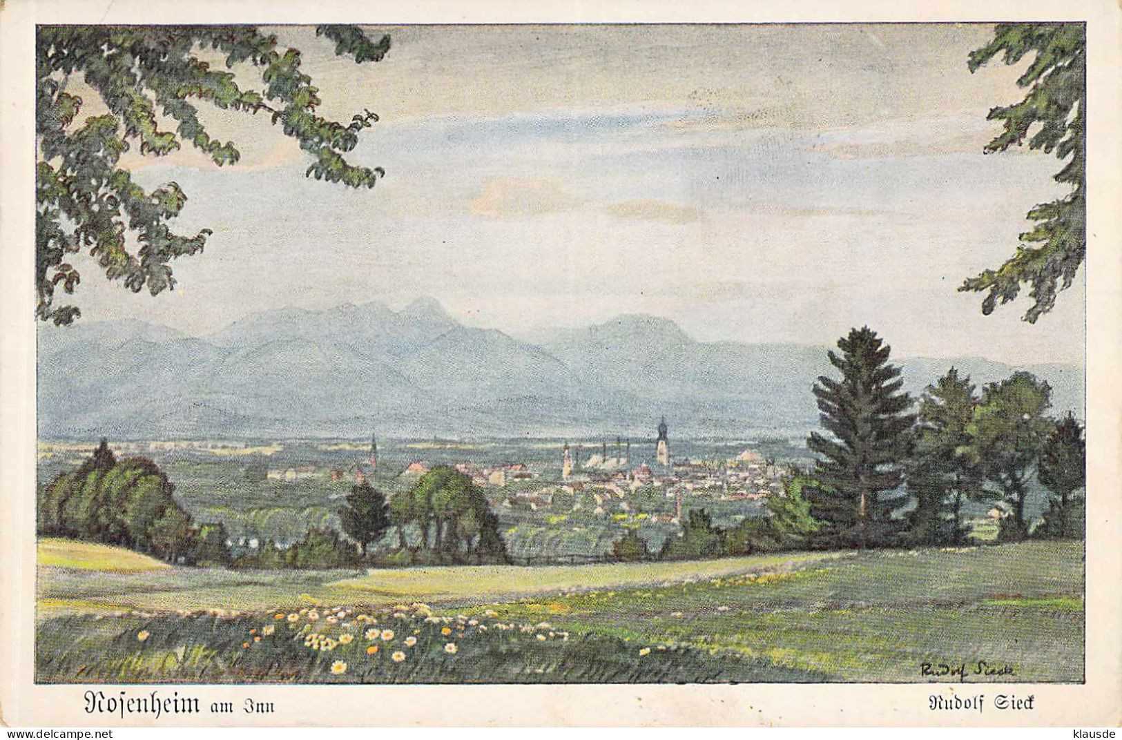 Rosenheim A.Inn Panorama Künstlerkarte Rudolf Sieck Gel.1916,Feldpost - Rosenheim