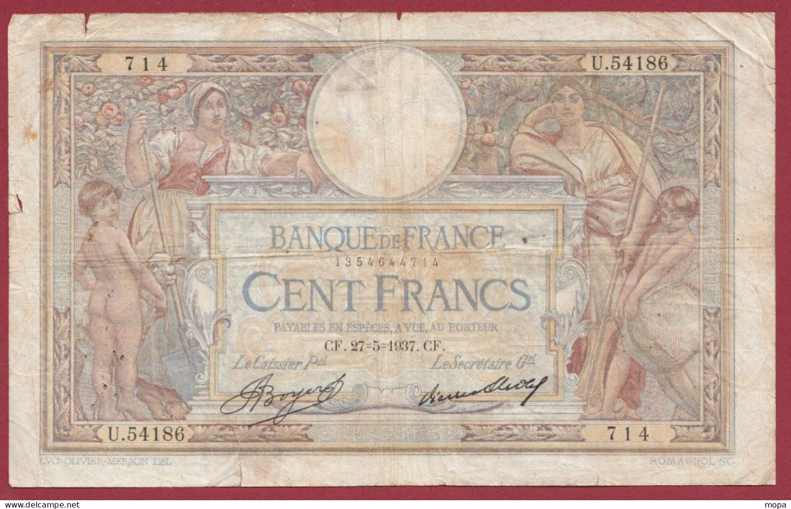 100 Francs "Luc Olivier Merson" Du 25/05/1937.CF --Alph .U.54186 Dans L 'état (5) - 100 F 1908-1939 ''Luc Olivier Merson''