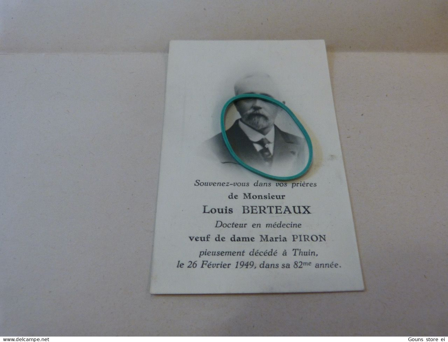 BC18A Souvenir Louis Berteax Piron Docteur Thuin 1949 - Décès