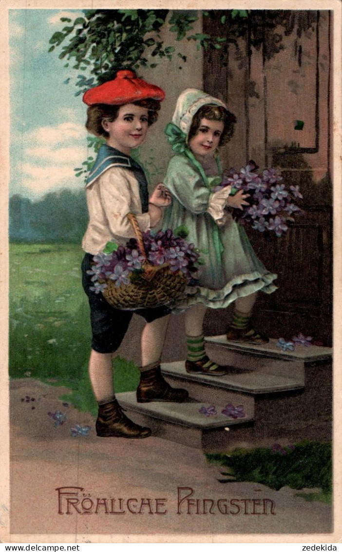 H2497 - Litho Präge Glückwunschkarte Pfingsten - Mädchen Junge Blumen - Pentecost