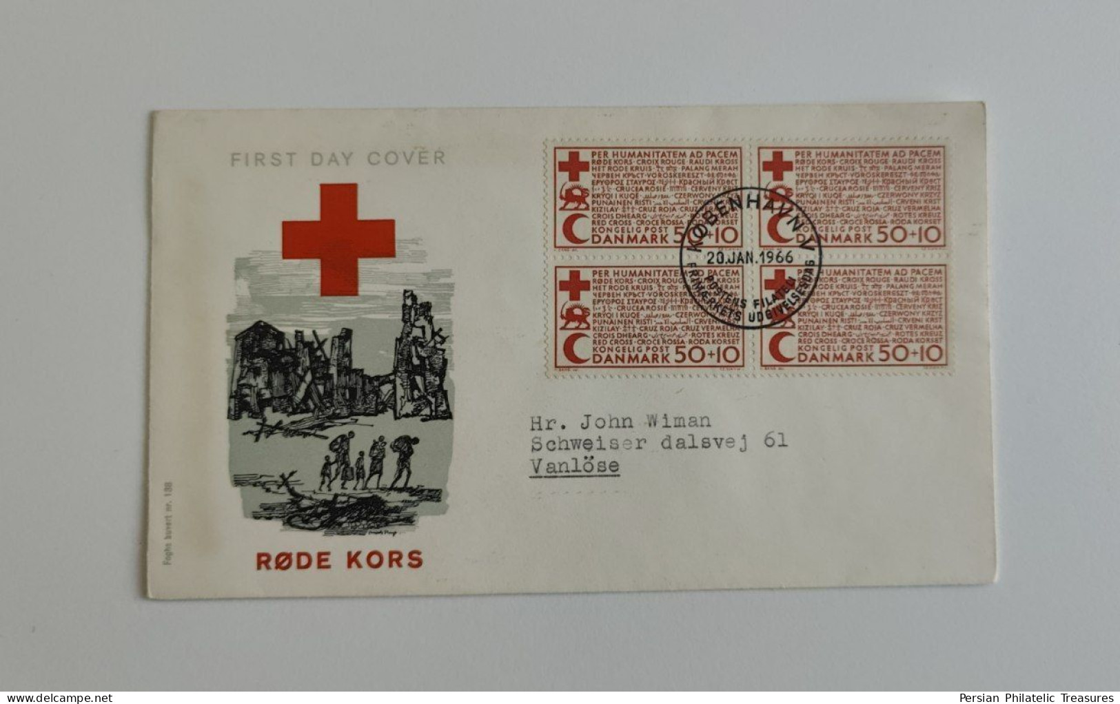 4 Covers, Red Cross, Rode Kors, Persia Red Lion And Sun (Iran) , Red Crescent, Denmark, Danmark, 1966, FDC - Other & Unclassified