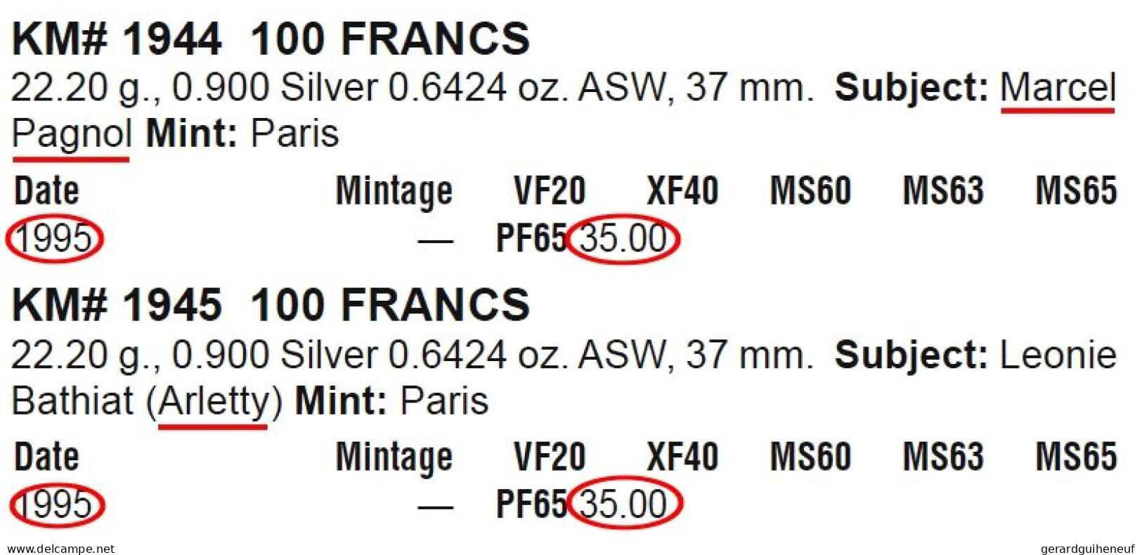 FRANCE : 3 Monnaies 100 Francs ARGENT En Qualité FDC - Cotation : 97 Euros - Lots & Kiloware - Coins