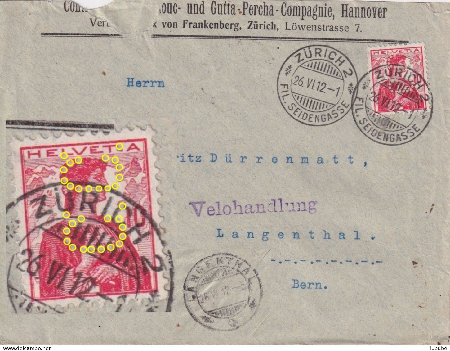Perfin Brief  "Continental Caoutchouc, Hannover / Zürich"      1912 - Covers & Documents
