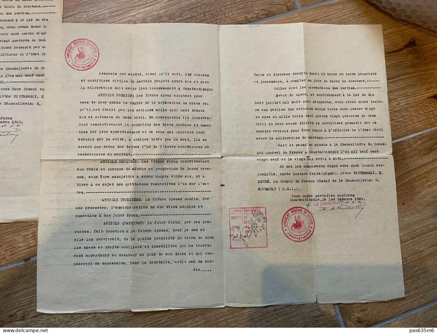 consulat général de france constantinople de  1929 contrat de mariage voir les photos