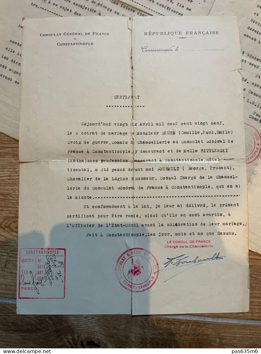 consulat général de france constantinople de  1929 contrat de mariage voir les photos