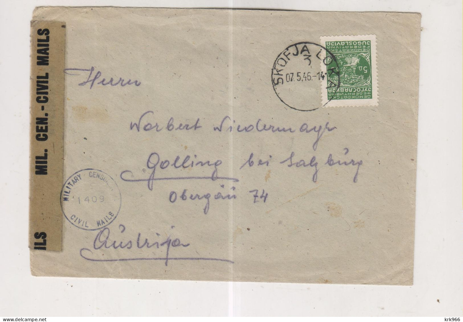 YUGOSLAVIA,1946 SKOFJA LOKA  Censored  Cover To Austria - Lettres & Documents