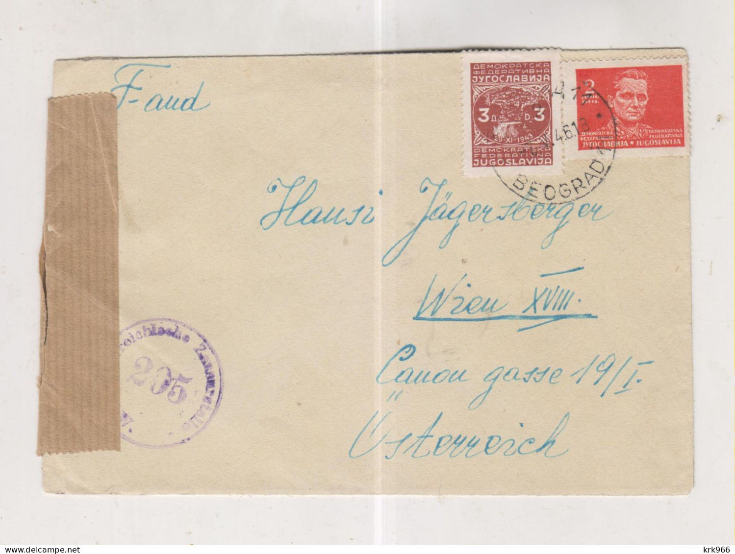 YUGOSLAVIA,1946 BEOGRAD  Censored  Cover To Austria - Covers & Documents