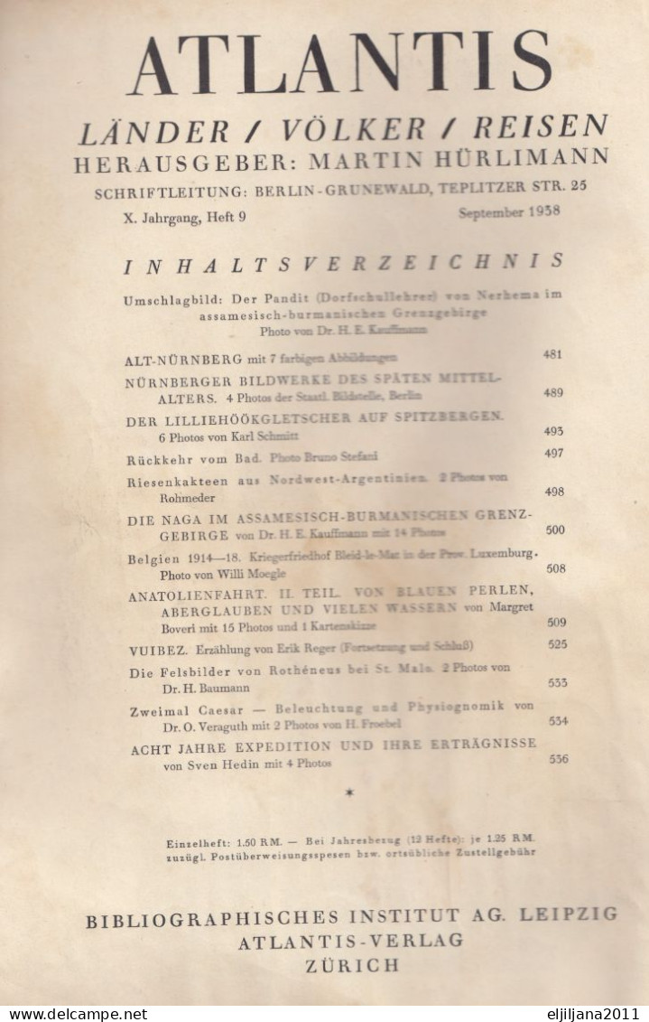 Germany, Deutsches Reich ⁕ ATLANTIS HEFT 9, RM.1.50 September 1938 ⁕ Zeitschrift / Magazine Seiten 481-540 (+ 17 Anzeig) - Andere & Zonder Classificatie