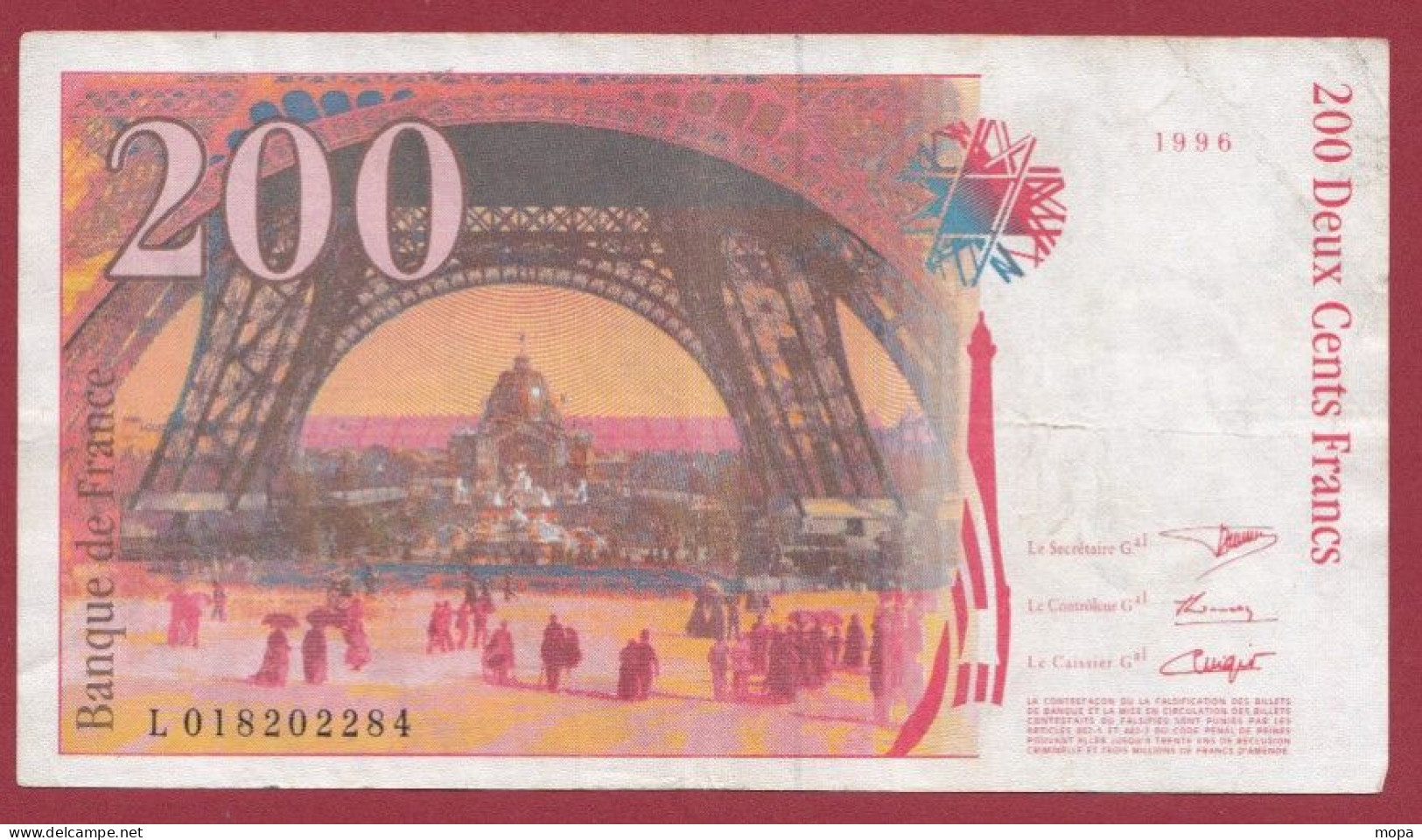 200 Francs "Eiffel"----1996---Alph L.018---Numéro 202284---dans L 'état (17) - 200 F 1995-1999 ''Eiffel''