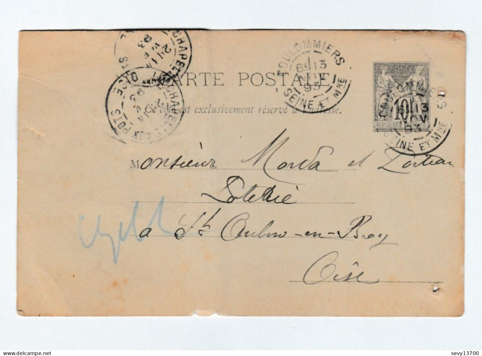 Entier Postal Type Sage Sur Carte Postale Oblitération 1893 à Coulommiers - Cartes-lettres