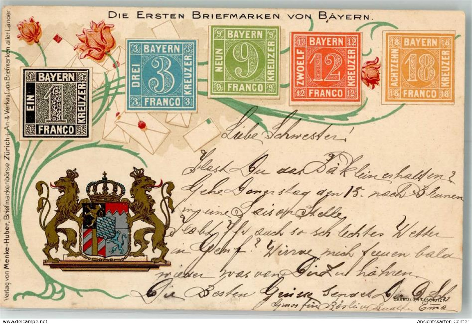 39782911 - Ersten Briefmarken Von Bayern Wappen Verlag Menke-Huber Briefkartenboerse - Timbres (représentations)