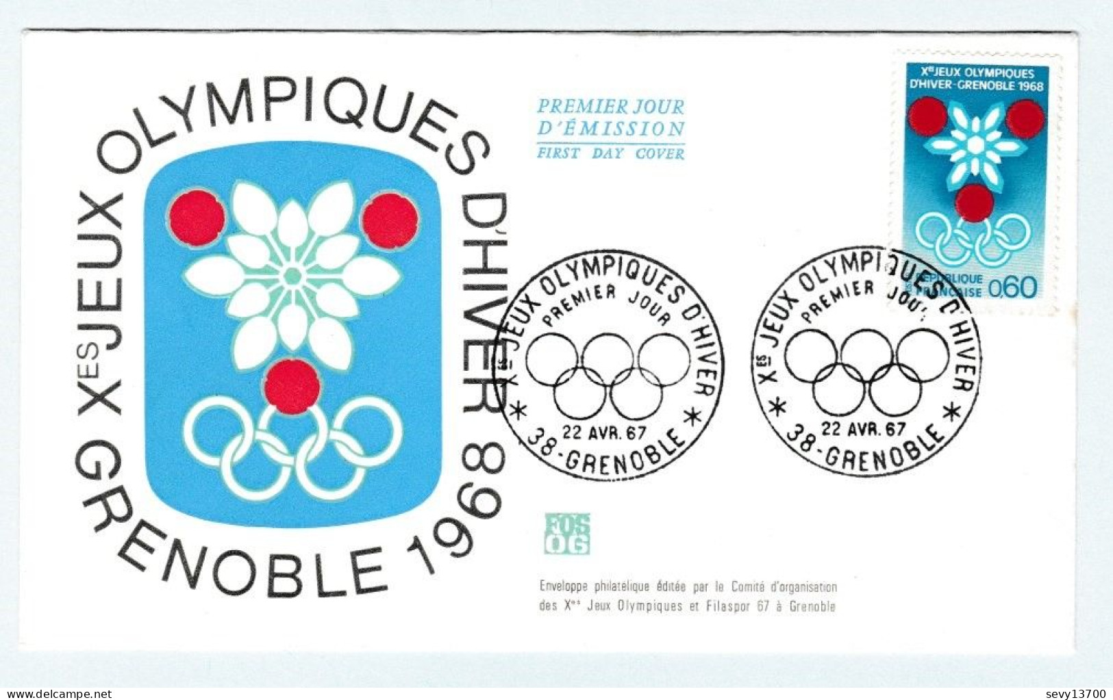 Enveloppe 1er Jour D'émission 22 Avril 1967 Xème Jeux Olympiques D'hiver Grenoble 1968 - 1960-1969