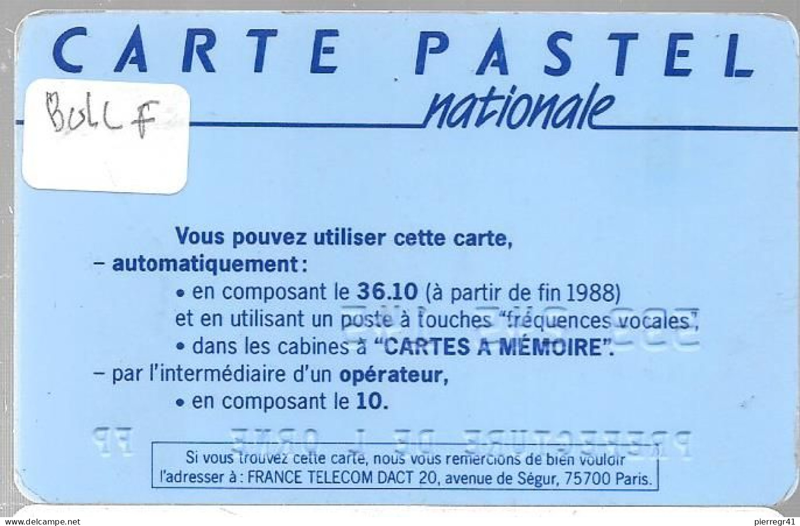 CARTE²° PUCE-BULL F-FRANCE TELECOM-PASTEL-NATIONALE- V°LE 10 / En Bas France Telecom Segur-75700-Paris-TBE -  Kaarten Van De Busdienst Pastel