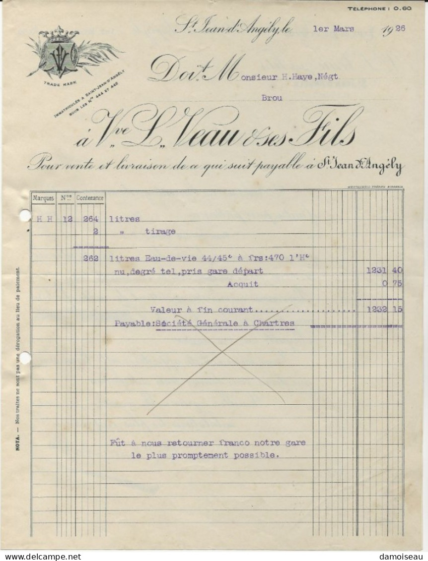 St. Jean D'Angely, Double Facture, Vve. L. Veau & Ses Fils, Eaux De Vie En Gros, 1926. - 1900 – 1949